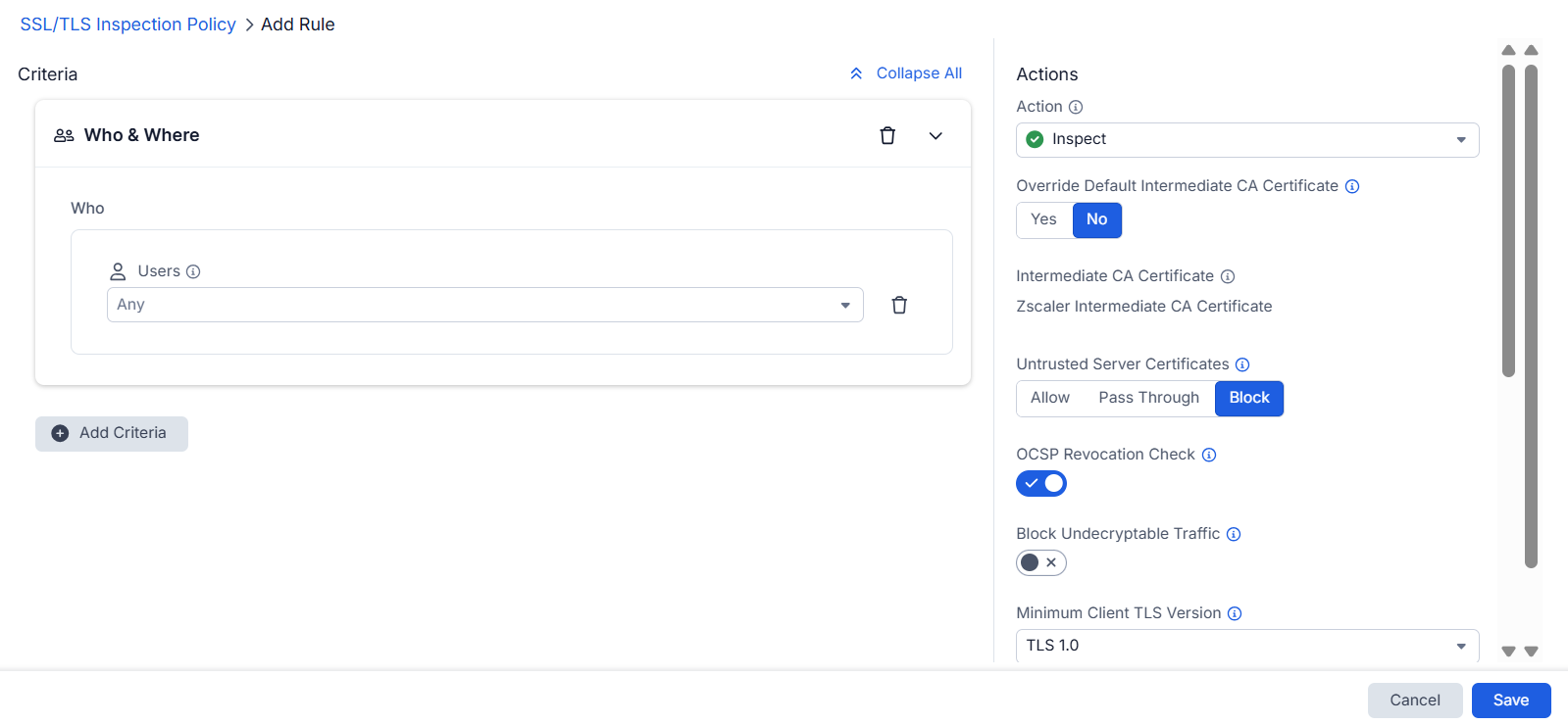 Configuring SSL/TLS Inspection Policy | Zscaler